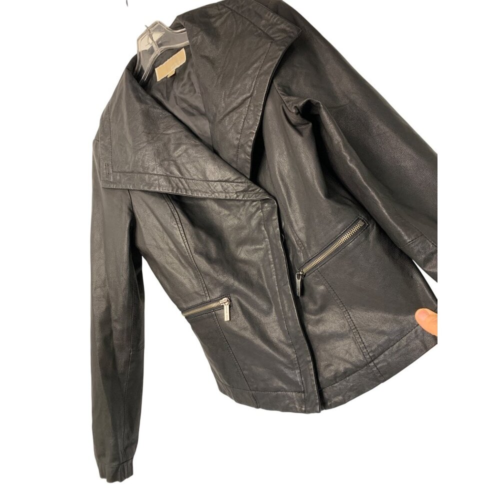 Michael Kors Womens Black Buttery Leather Asymmetric Zip Jacket M RII10589 EUC